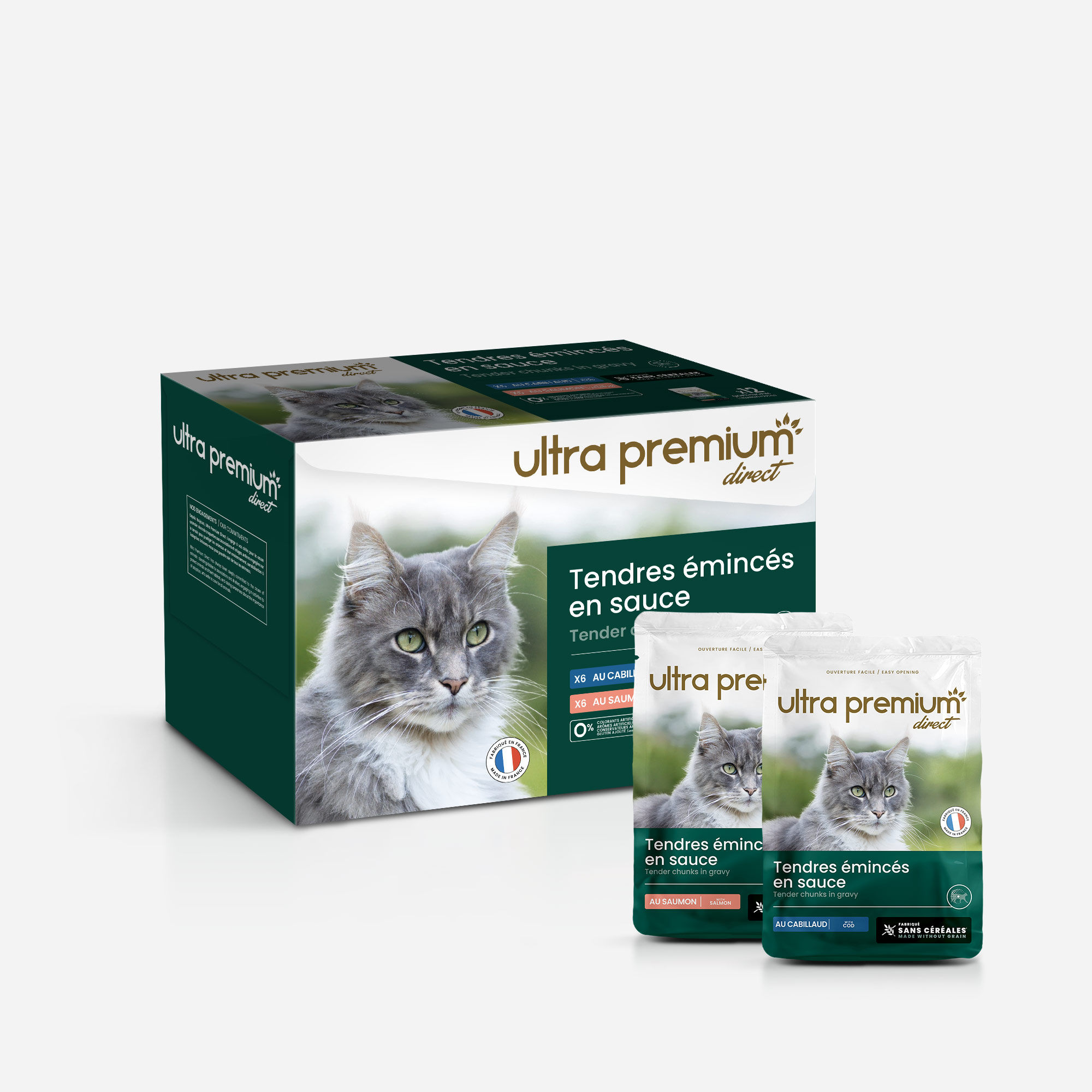 Ultra Premium Direct Emincés en Sauce Saumon Cabillaud pour chat Sans Céréales